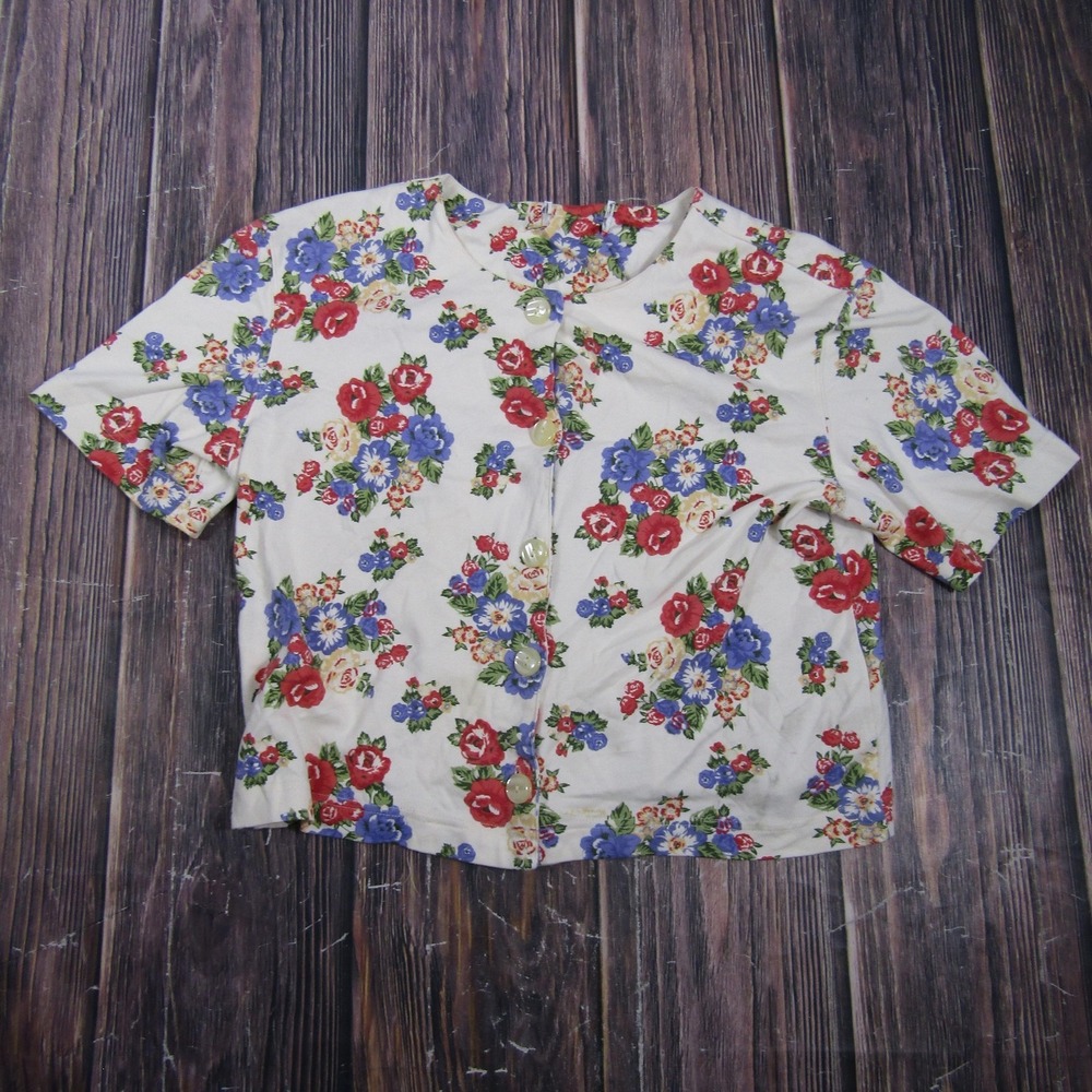 Womens Large Floral Button Up Short Sleeve Jersey Top Shirt Granny 90s Vintage